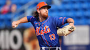 Mar 15, 2024; Port St. Lucie, Florida, USA; New York Mets pitcher Nolan McLean participates in the Spring Breakout game against the Washington Nationals at Clover Park. Mandatory Credit: Jim Rassol-Imagn Images