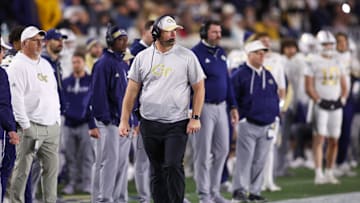 Nov 21, 2024; Atlanta, Georgia, USA; Georgia Tech Yellow Jackets head coach Brent Key on the sideline against the North Carolina State Wolfpack in the fourth quarter at Bobby Dodd Stadium at Hyundai Field. Mandatory Credit: Brett Davis-Imagn Images