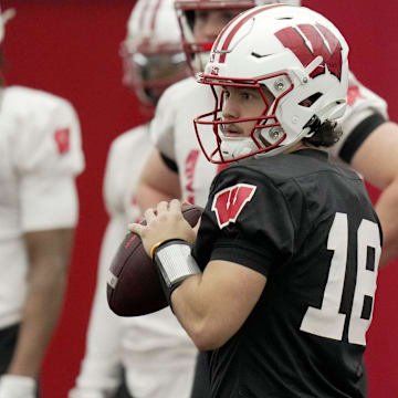 Wisconsin quarterback Danny O’Neill (18) is shown during spring football practice Wednesday, April 23, 2025 in Madison, Wisconsin.

Mark Hoffman/Milwaukee Journal Sentinel