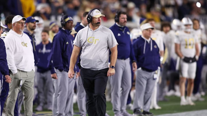 Nov 21, 2024; Atlanta, Georgia, USA; Georgia Tech Yellow Jackets head coach Brent Key on the sideline against the North Carolina State Wolfpack in the fourth quarter at Bobby Dodd Stadium at Hyundai Field. Mandatory Credit: Brett Davis-Imagn Images
Nov 21, 2024; Atlanta, Georgia, USA; Georgia Tech Yellow Jackets head coach Brent Key on the sideline against the North Carolina State Wolfpack in the fourth quarter at Bobby Dodd Stadium at Hyundai Field. Mandatory Credit: Brett Davis-Imagn Images