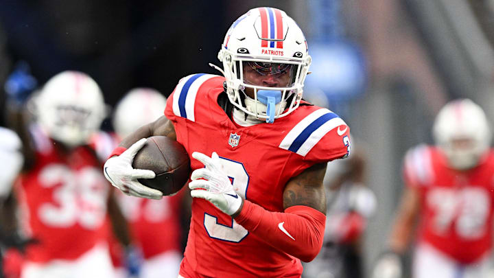 Oct 13, 2024; Foxborough, Massachusetts, USA; New England Patriots wide receiver DeMario Douglas (3) runs for a touchdown against the Houston Texans during the first half at Gillette Stadium. Mandatory Credit: Brian Fluharty-Imagn Images
