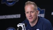 Mar 26, 2025; Newark, NJ, USA;  Brigham Young Cougars head coach Kevin Young talks to the media at the Prudential Center. Mandatory Credit: Robert Deutsch-Imagn Images