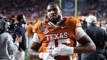 Dec 21, 2024; Austin, Texas, USA; Texas Longhorns defensive lineman Vernon Broughton (45) against the Clemson Tigers during the CFP National playoff first round at Darrell K Royal-Texas Memorial Stadium.  