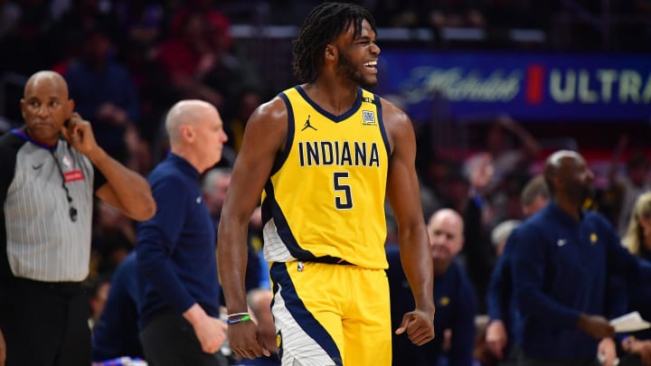 Mar 25, 2024; Los Angeles, California, USA; Indiana Pacers forward Jarace Walker (5) reacts during the second half at Crypto.com Arena. Mandatory Credit: Gary A. Vasquez-USA TODAY Sports