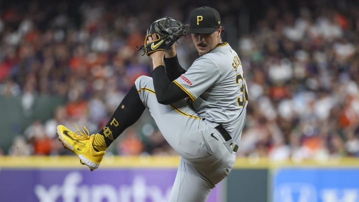 Jul 29, 2024; Houston, Texas, USA; Pittsburgh Pirates starting pitcher Paul Skenes (30) delivers a pitch during the second inning against the Houston Astros at Minute Maid Park. Mandatory Credit: Troy Taormina-USA TODAY Sports