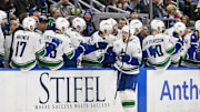 Jan 27, 2025; St. Louis, Missouri, USA;  Vancouver Canucks center Pius Suter (24) is congratulated by teammates after scoring against the St. Louis Blues during the second period at Enterprise Center. Mandatory Credit: Jeff Curry-Imagn Images