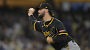 Apr 25, 2025; Los Angeles, California, USA;  Pittsburgh Pirates starting pitcher Paul Skenes (30) pitches during the third inning against the Los Angeles Dodgers at Dodger Stadium. 
