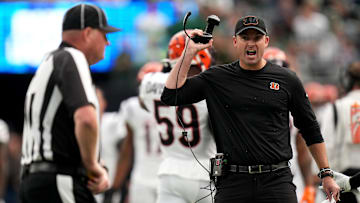 Cincinnati Bengals head coach Zac Taylor argues with an official, yelling, \"you can't call that,\"
