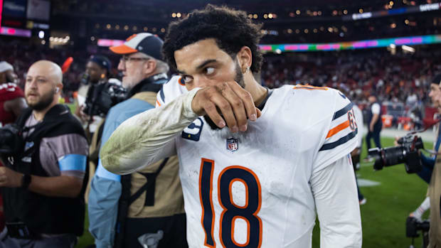 Chicago Bears quarterback Caleb Williams (18) reacts following the game against the Arizona Cardinals.