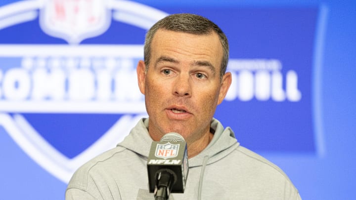 Feb 27, 2024; Indianapolis, IN, USA; Buffalo Bills general manager Brandon Beane talks to the media at the 2024 NFL Combine at Indiana Convention Center. Mandatory Credit: Trevor Ruszkowski-Imagn Images