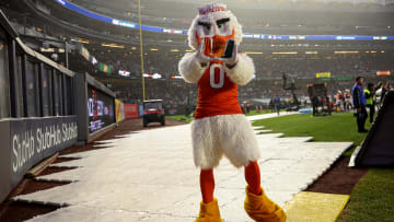 Dec 28, 2023; Bronx, NY, USA; Miami Hurricanes mascot Sebastian the Ibis poses for a photo during the second half of the 2023 Pinstripe Bowl against the Rutgers Scarlet Knights at Yankee Stadium. Mandatory Credit: Vincent Carchietta-USA TODAY Sports