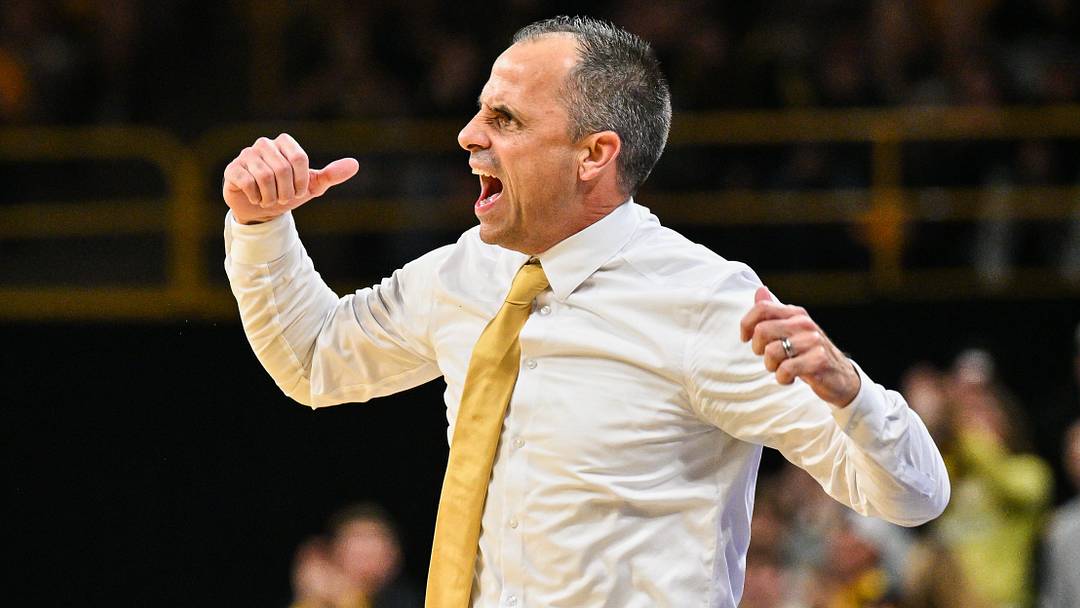 Nov 4, 2025; Iowa City, Iowa, USA; Iowa Hawkeyes head coach Ben McCollum reacts during the first half against the Robert Morris Colonials at Carver-Hawkeye Arena. Mandatory Credit: Jeffrey Becker-Imagn Images