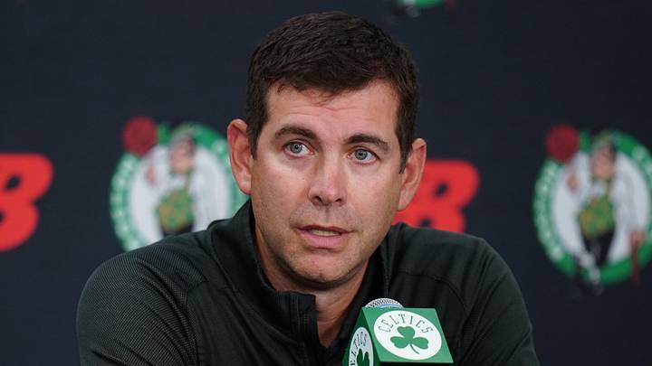Sep 29, 2025; Boston, MA, USA; Boston Celtics president of basketball operations Brad Stevens talks to reporters during media day at the Auerbach Center. 