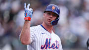 May 27, 2025; New York City, New York, USA; New York Mets first baseman Pete Alonso (20) reacts after hitting a two run home run during the first inning against the Chicago White Sox at Citi Field. Mandatory Credit: Vincent Carchietta-Imagn Images