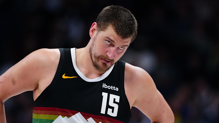 Mar 6, 2026; Denver, Colorado, USA; Denver Nuggets center Nikola Jokic (15) during the second quarter against the New York Knicks at Ball Arena. Mandatory Credit: Ron Chenoy-Imagn Images