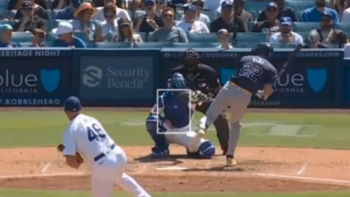 Tampa Bay Rays outfielder Jose Siri recoils after Los Angeles Dodgers relief pitcher Blake Treinen throws a slider during the top of the eighth inning of Sunday's game at Dodger Stadium. 