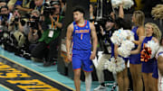 Apr 7, 2025; San Antonio, TX, USA; Florida Gators guard Walter Clayton Jr. (1) reacts against the Houston Cougars during the second half in the national championship game of the Final Four of the 2025 NCAA Tournament at the Alamodome.Mandatory Credit: Scott Wachter-Imagn Images