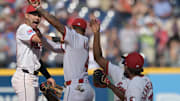 Sep 14, 2025; Cleveland, Ohio, USA; Cleveland Guardians left fielder Steven Kwan, left, and second baseman Brayan Rocchio (4) celebrate after the Guardians beat the Chicago White Sox at Progressive Field. Mandatory Credit: Ken Blaze-Imagn Images