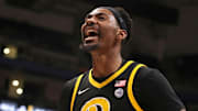 Jan 28, 2025; Pittsburgh, Pennsylvania, USA;  Pittsburgh Panthers forward Zack Austin (55) reacts to the student section against the North Carolina Tar Heels during the second half at the Petersen Events Center. Mandatory Credit: Charles LeClaire-Imagn Images