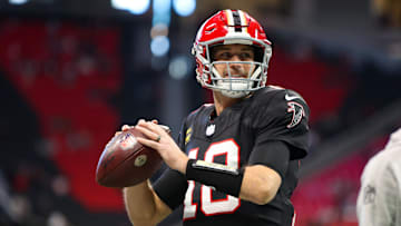 Dec 22, 2024; Atlanta, Georgia, USA; Atlanta Falcons quarterback Kirk Cousins (18) prepares for a game against the New York Giants at Mercedes-Benz Stadium. Mandatory Credit: Brett Davis-Imagn Images
