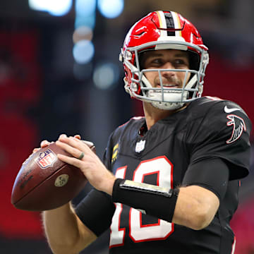 Dec 22, 2024; Atlanta, Georgia, USA; Atlanta Falcons quarterback Kirk Cousins (18) prepares for a game against the New York Giants at Mercedes-Benz Stadium. Mandatory Credit: Brett Davis-Imagn Images
