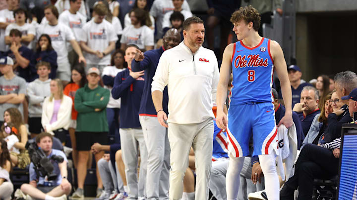 Feb 28, 2026; Auburn, Alabama, USA;  Mississippi Rebels head coach Chris Beard speaks with guard Eduardo Klafke (8) during the second half against the Auburn Tigers at Neville Arena. Mandatory Credit: John Reed-Imagn Images