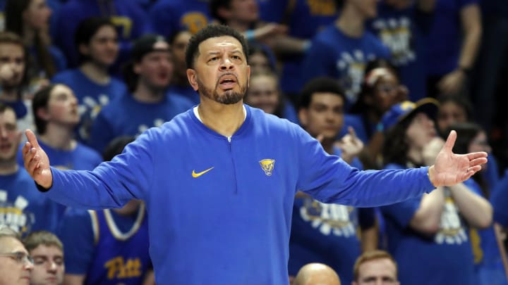 Feb 17, 2024; Pittsburgh, Pennsylvania, USA;  Pittsburgh Panthers head coach Jeff Capel reacts on the sidelines against the Louisville Cardinals during the first half at the Petersen Events Center. Pittsburgh won 86-59. Mandatory Credit: Charles LeClaire-USA TODAY Sports