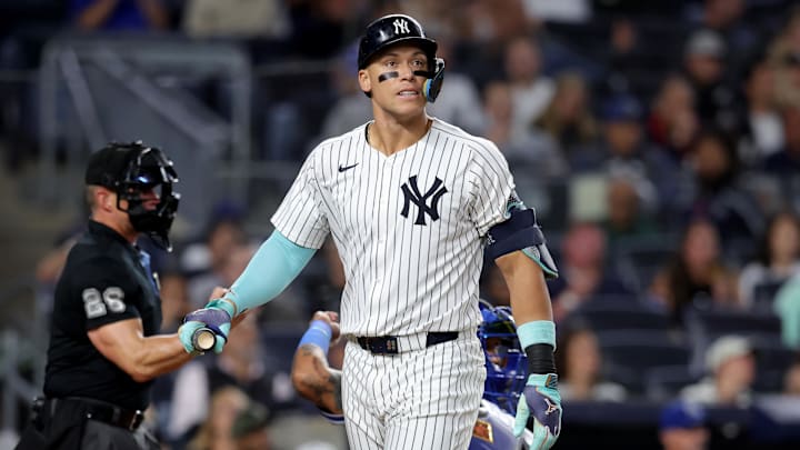 Sep 9, 2024; Bronx, New York, USA; New York Yankees designated hitter Aaron Judge (99) reacts after striking out during the third inning against the Kansas City Royals at Yankee Stadium. Mandatory Credit: Brad Penner-Imagn Images