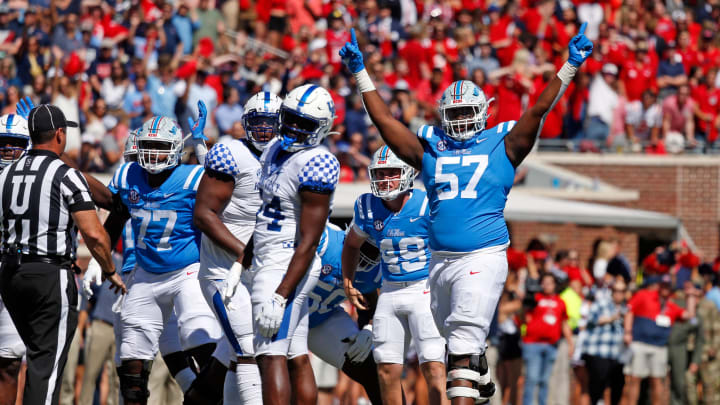 Oct 1, 2022; Oxford, Mississippi, USA; Mississippi Rebels offensive linemen Micah Pettus (57) reacts after a field goal during the first half against the Kentucky Wildcats at Vaught-Hemingway Stadium. Mandatory Credit: Petre Thomas-USA TODAY Sports