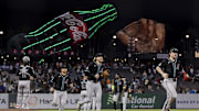 Sep 3, 2024; San Francisco, California, USA;  Arizona Diamondbacks players celebrate their team’s 8-7 win over the San Francisco Giants at Oracle Park. Mandatory Credit: John Hefti-Imagn Images