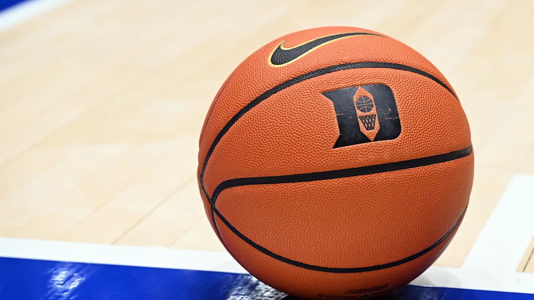 Dec 16, 2025; Durham, North Carolina, USA; A general view of the game ball during a break in the second half between the Duke basketball team and Lipscomb Bisons at Cameron Indoor Stadium. The Blue Devils won 97-73. 