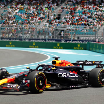 May 4, 2024; Miami Gardens, Florida, USA; Red Bull Racing driver Max Verstappen (1) goes into turn 2 during the F1 Sprint Race at Miami International Autodrome. Mandatory Credit: Peter Casey-USA TODAY Sports