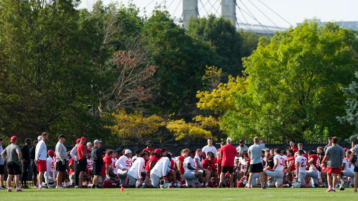 Aug 1, 2024; Columbus, OH, USA; Ohio State Buckeyes head coach Ryan Day addresses his team during football camp at the Woody Hayes Athletic Complex.