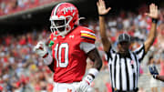 Sep 21, 2024; College Park, Maryland, USA; Maryland Terrapins wide receiver Tai Felton (10) celebrates after scoring a touchdown against the Villanova Wildcats during the third quarter at SECU Stadium. Mandatory Credit: Daniel Kucin Jr.-Imagn Images
