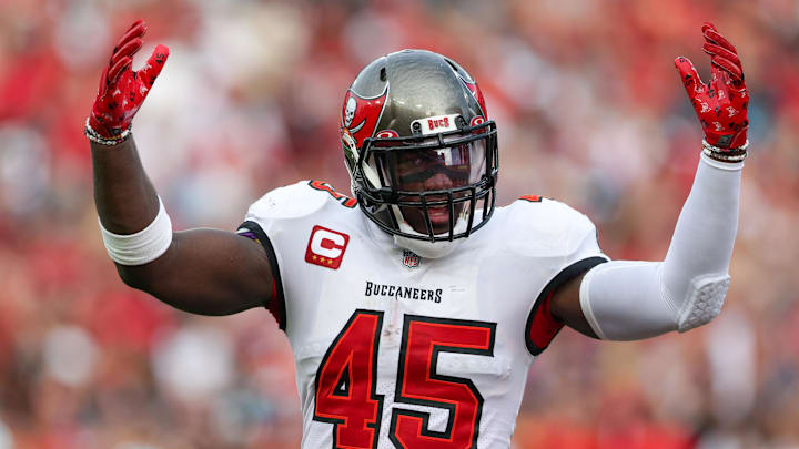 Jan 1, 2023; Tampa, Florida, USA;  Tampa Bay Buccaneers linebacker Devin White (45) reacts after a play against the Carolina Panthers in the fourth quarter at Raymond James Stadium. Mandatory Credit: Nathan Ray Seebeck-Imagn Images