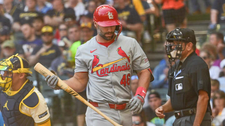 Sep 2, 2024; Milwaukee, Wisconsin, USA;  St. Louis Cardinals first baseman Paul Goldschmidt (46) reacts after striking out in the fourth inning against the Milwaukee Brewers at American Family Field. Mandatory Credit: Benny Sieu-USA TODAY Sports