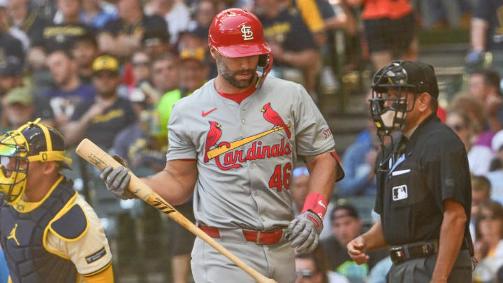 Sep 2, 2024; Milwaukee, Wisconsin, USA;  St. Louis Cardinals first baseman Paul Goldschmidt (46) reacts after striking out in the fourth inning against the Milwaukee Brewers at American Family Field. Mandatory Credit: Benny Sieu-USA TODAY Sports