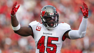 Jan 1, 2023; Tampa, Florida, USA;  Tampa Bay Buccaneers linebacker Devin White (45) reacts after a play against the Carolina Panthers in the fourth quarter at Raymond James Stadium. Mandatory Credit: Nathan Ray Seebeck-Imagn Images