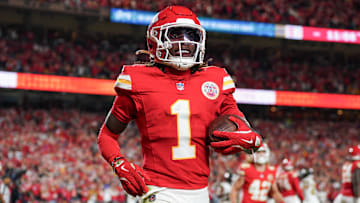Oct 7, 2024; Kansas City, Missouri, USA; Kansas City Chiefs wide receiver Xavier Worthy (1) celebrates after scoring a touchdown against the New Orleans Saints during the game at GEHA Field at Arrowhead Stadium. Mandatory Credit: Denny Medley-Imagn Images