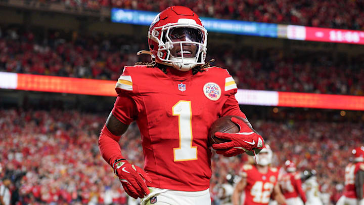 Oct 7, 2024; Kansas City, Missouri, USA; Kansas City Chiefs wide receiver Xavier Worthy (1) celebrates after scoring a touchdown against the New Orleans Saints during the game at GEHA Field at Arrowhead Stadium. Mandatory Credit: Denny Medley-Imagn Images