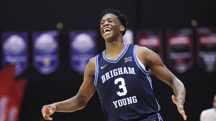 Nov 27, 2025; Kissimmee, Florida, USA; Brigham Young University Cougars forward AJ Dybantsa (3) reacts after play against the Miami (FL) Hurricanes in the second half  at State Farm Field House. Mandatory Credit: Nathan Ray Seebeck-Imagn Images