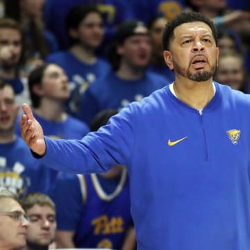 Feb 17, 2024; Pittsburgh, Pennsylvania, USA;  Pittsburgh Panthers head coach Jeff Capel reacts on the sidelines against the Louisville Cardinals during the first half at the Petersen Events Center. Pittsburgh won 86-59. Mandatory Credit: Charles LeClaire-USA TODAY Sports