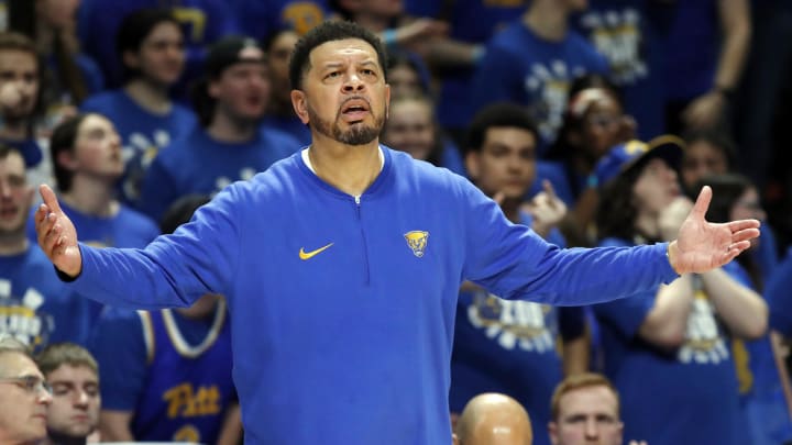 Feb 17, 2024; Pittsburgh, Pennsylvania, USA;  Pittsburgh Panthers head coach Jeff Capel reacts on the sidelines against the Louisville Cardinals during the first half at the Petersen Events Center. Pittsburgh won 86-59. Mandatory Credit: Charles LeClaire-USA TODAY Sports