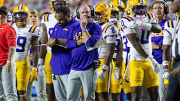 Oct 11, 2025; Baton Rouge, Louisiana, USA;  LSU Tigers head coach Brian Kelly looks on against the South Carolina Gamecocks during the first half at Tiger Stadium. Mandatory Credit: Stephen Lew-Imagn Images
