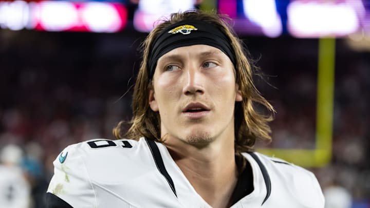 Nov 23, 2025; Glendale, Arizona, USA; Jacksonville Jaguars quarterback Trevor Lawrence (16) against the Arizona Cardinals at State Farm Stadium. Mandatory Credit: Mark J. Rebilas-Imagn Images