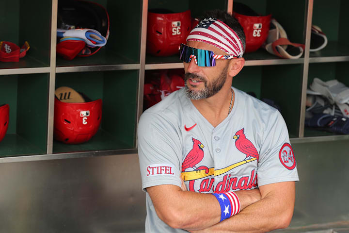 St. Louis Cardinals utility player Matt Carpenter wears  Independence Day themed gear in the dugout.