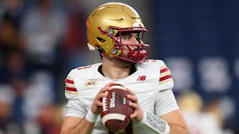 Nov 29, 2025; Syracuse, New York, USA; Boston College Eagles quarterback Dylan Lonergan (9) warms up prior to the game against the Syracuse Orange at the JMA Wireless Dome. Mandatory Credit: Rich Barnes-Imagn Images