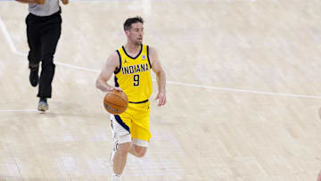 Jun 16, 2025; Oklahoma City, Oklahoma, USA; Indiana Pacers guard T.J. McConnell (9) brings the ball up court against the Oklahoma City Thunder during the fourth quarter in game five of the 2025 NBA Finals at Paycom Center. Mandatory Credit: Alonzo Adams-Imagn Images