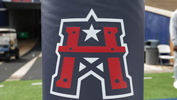 Mar 31, 2024; Houston, TX, USA;  Houston Roughnecks logo on the goal post before between a game between the Memphis Showboats and the Houston Roughnecks at Rice Stadium. Mandatory Credit: Joseph Buvid-Imagn Images