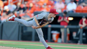 Braden Davis pitching against Oklahoma State in Stillwater.
